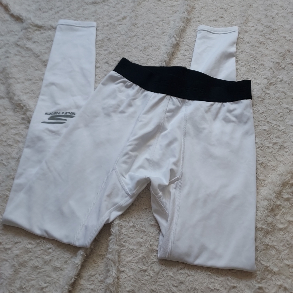 Skechers Mens White Stretch Leggings Black Trim MED Base Layer Activewear